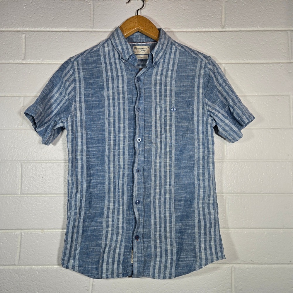 Weatherproof Vintage Linen Blend Shirt‎ Mens Small Blue White Stripe Camp Resort